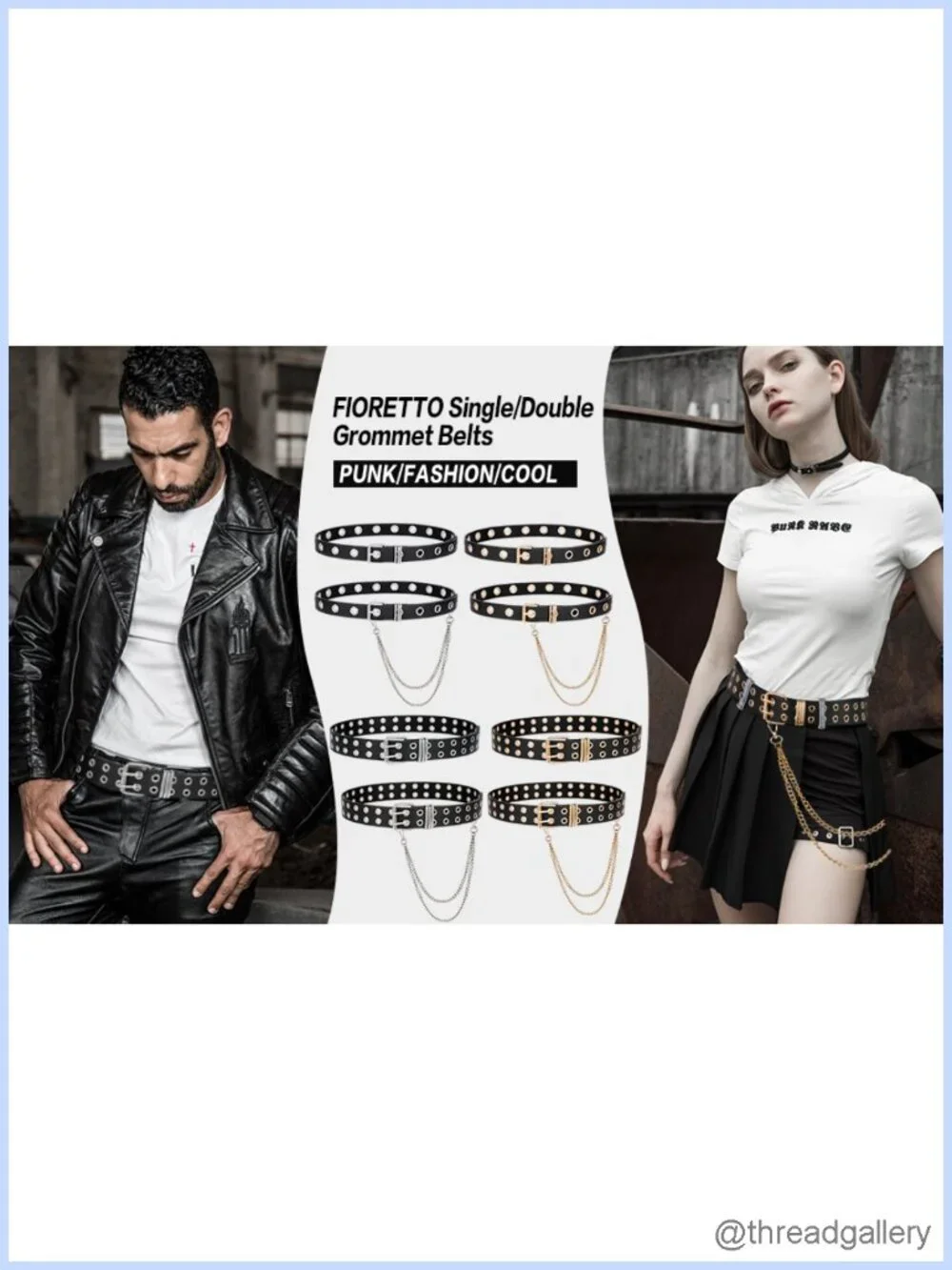 Grommet PU Leather Belt with Detachable Chain Punk Rock Waist Belt